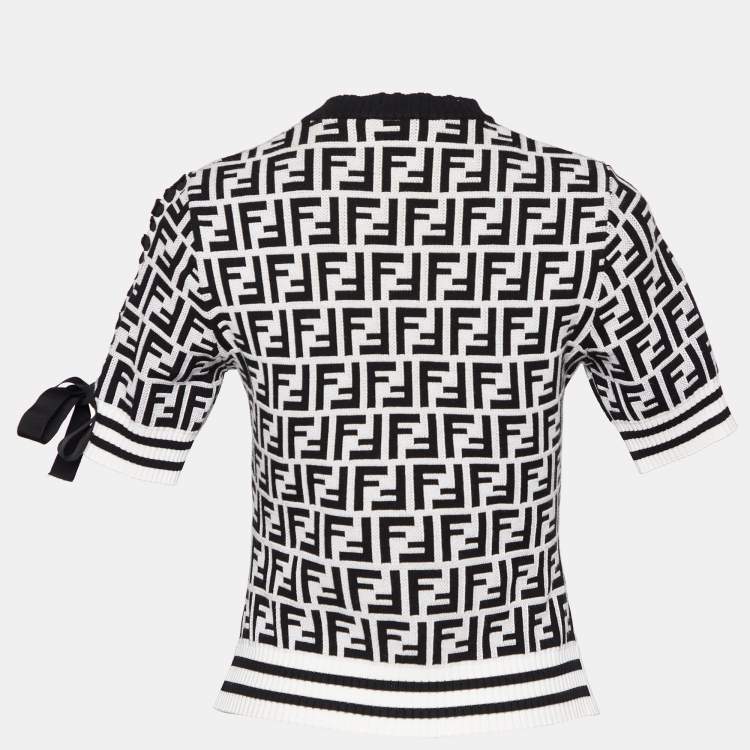 Pre Owned Fendi Monochrome Logomania Intarsia Knit Round Neck Top S