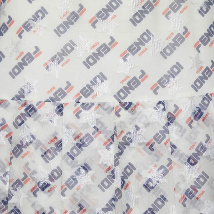 Pre Owned Fendi x Fila White Fendi Mania Print Silk Pleated Midi Skirt M