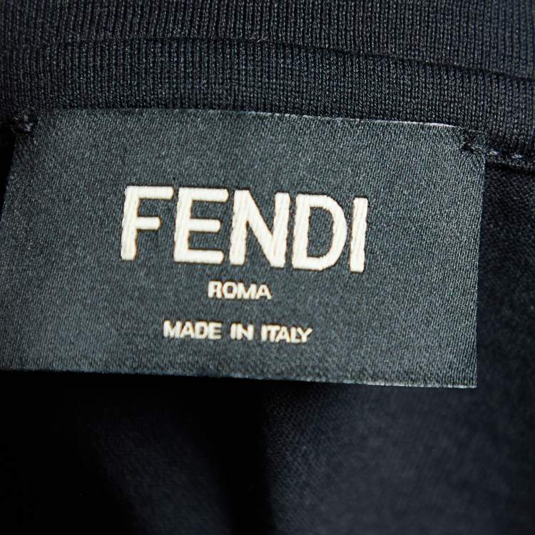 Pre Owned Fendi Black Monster Eye Printed Cotton Knit Zip Detail T-Shirt L