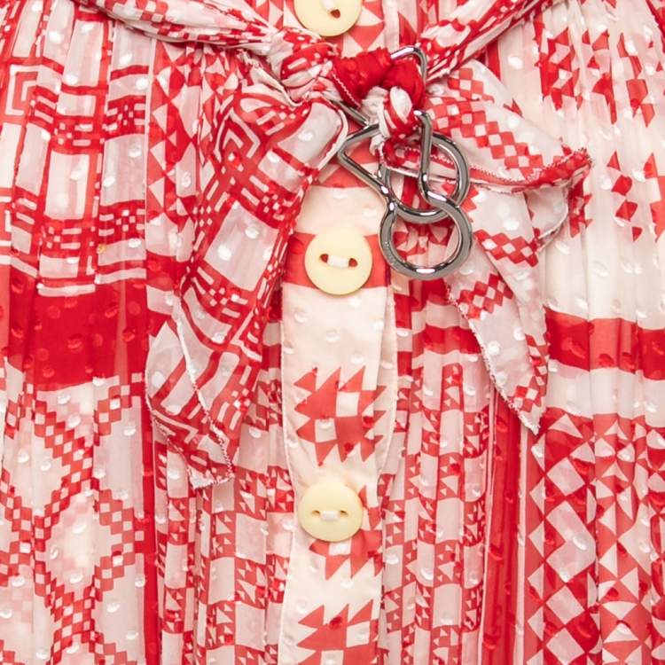 Pre Owned Fendi Red Geometric Printed Silk Belted Maxi Dress S