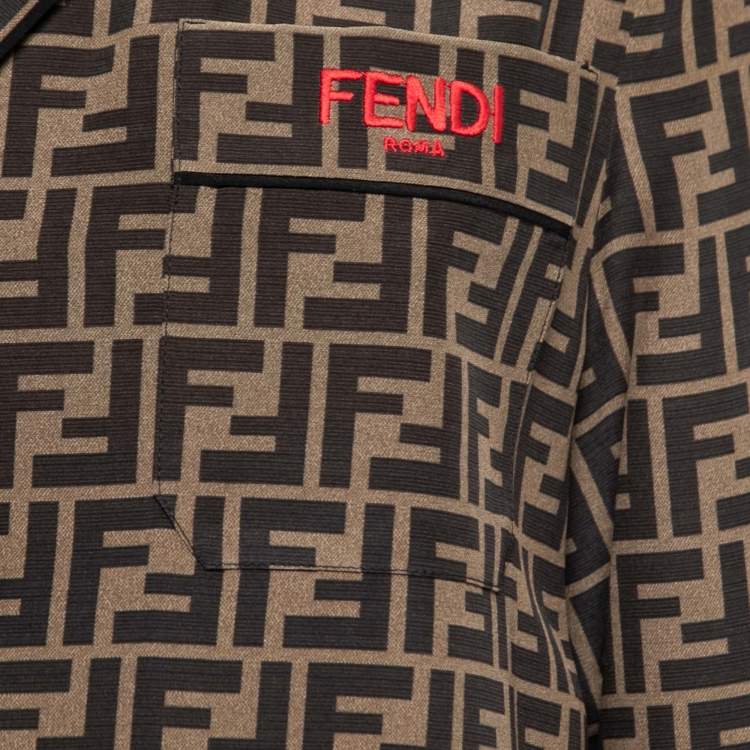 Pre Owned Fendi Brown Zucca Print Silk Pajama Top & Pants Set XS