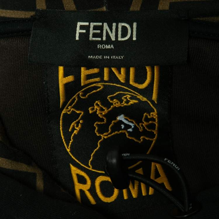 Pre Owned Fendi Black & Brown Cotton Band Logo Trim Hoodie L