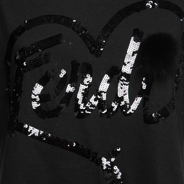 Pre Owned Fendi Black Cotton Sequin Logo Embellished Short Sleeve T-Shirt M 