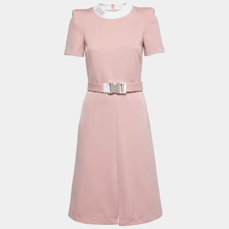 Pre Owned Fendi Pink Crepe Rib Knit Collar Detail Belted Midi Dress S
