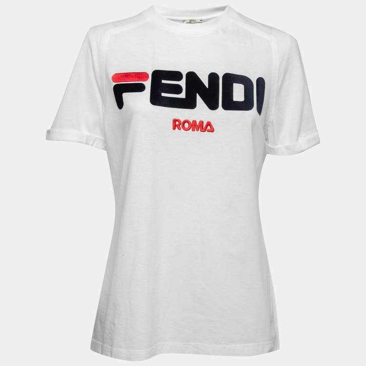 Pre Owned Fendi White Cotton Flocked Logo Short Sleeve T-Shirt XS