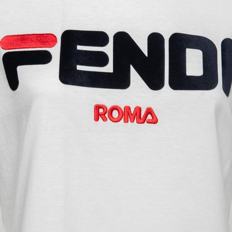 Pre Owned Fendi White Cotton Flocked Logo Short Sleeve T-Shirt XS
