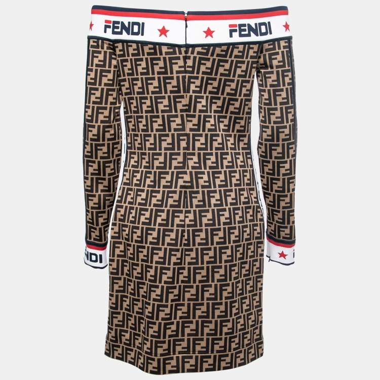 Pre Owned Fendi Brown Zucca Jacquard Knit Logo Tape Trimmed Off-Shoulder Dress M