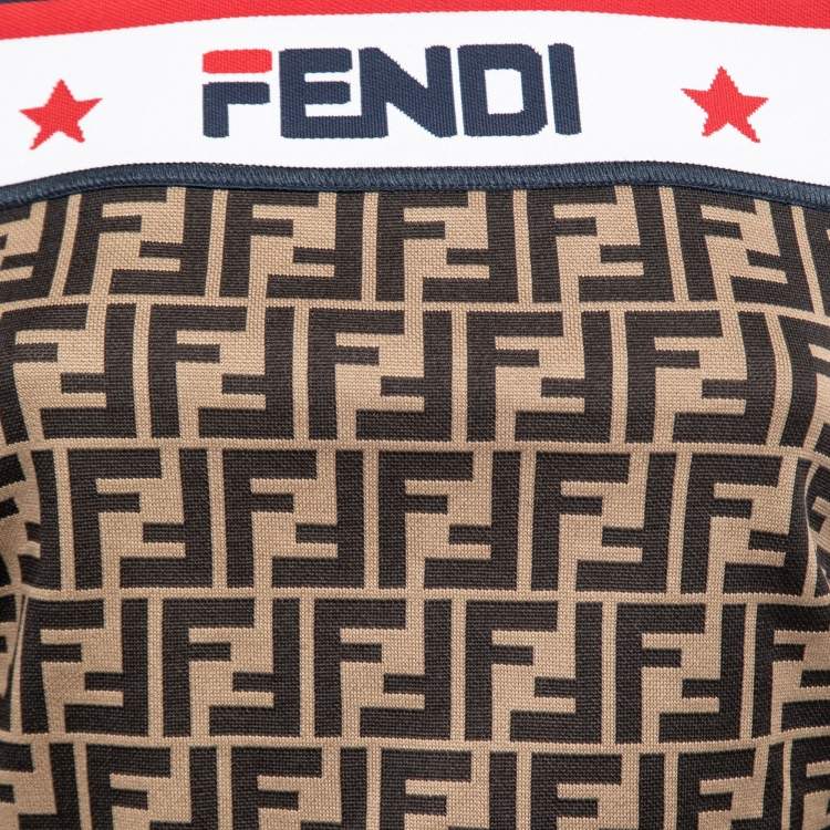 Pre Owned Fendi Brown Zucca Jacquard Knit Logo Tape Trimmed Off-Shoulder Dress M