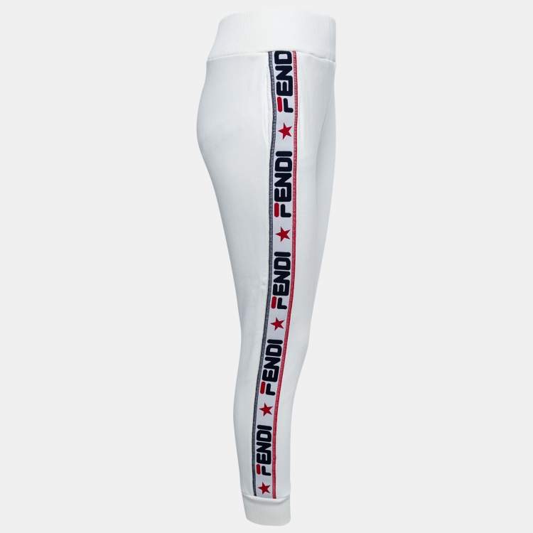Pre Owned Fendi White Knit Logo Band Trim Track Pants M