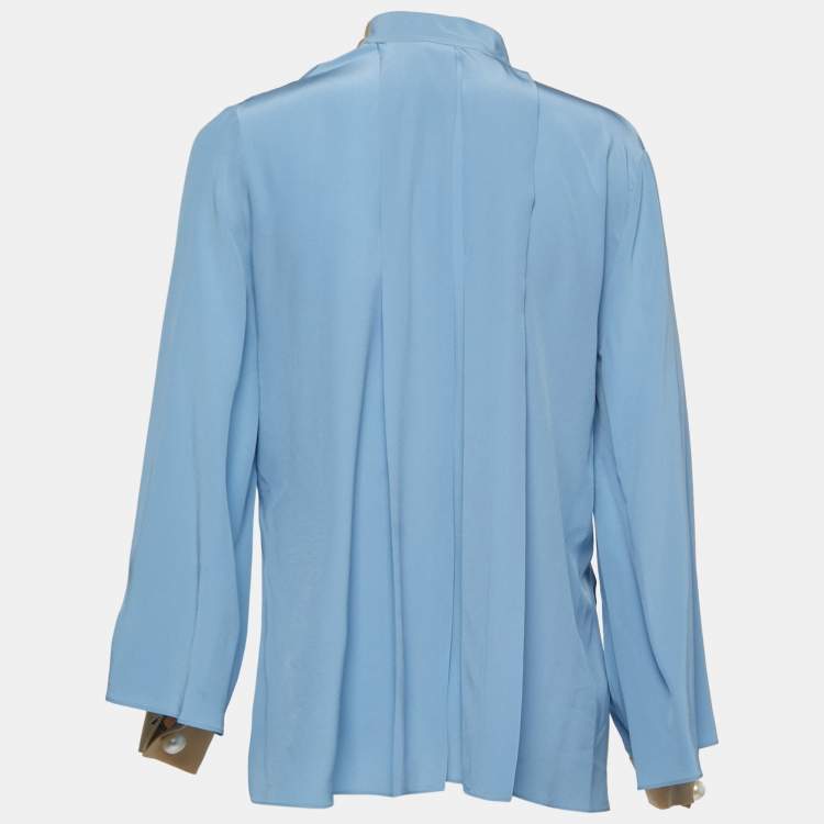 Pre Owned Fendi Light Blue Silk Neck-Tie Ruffled Blouse S