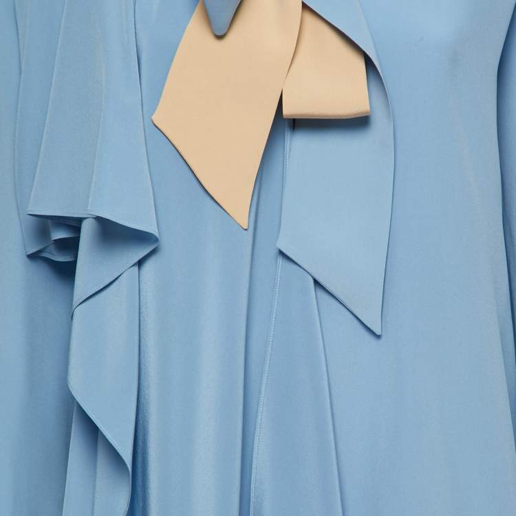 Pre Owned Fendi Light Blue Silk Neck-Tie Ruffled Blouse S