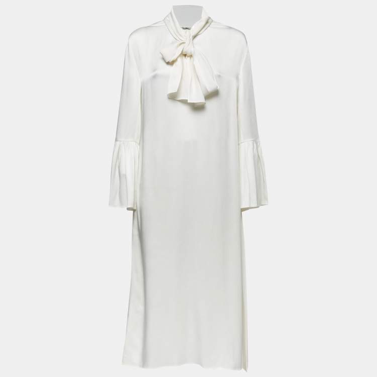 Fendi White Satin Crepe Pleated Tie-Neck Dress M Fendi | The Luxury Closet