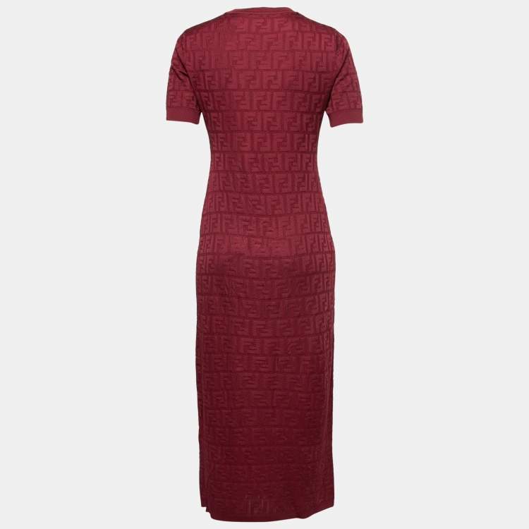 Pre Owned Fendi Burgundy FF Intarsia Knit Midi Dress M