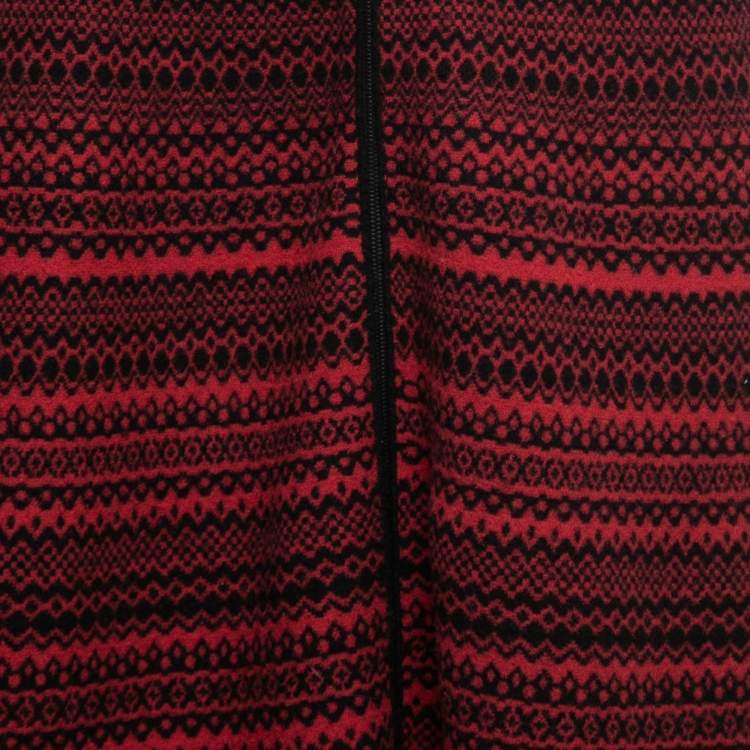 Pre Owned Fendi Red & Black Patterned Wool Midi Skirt S