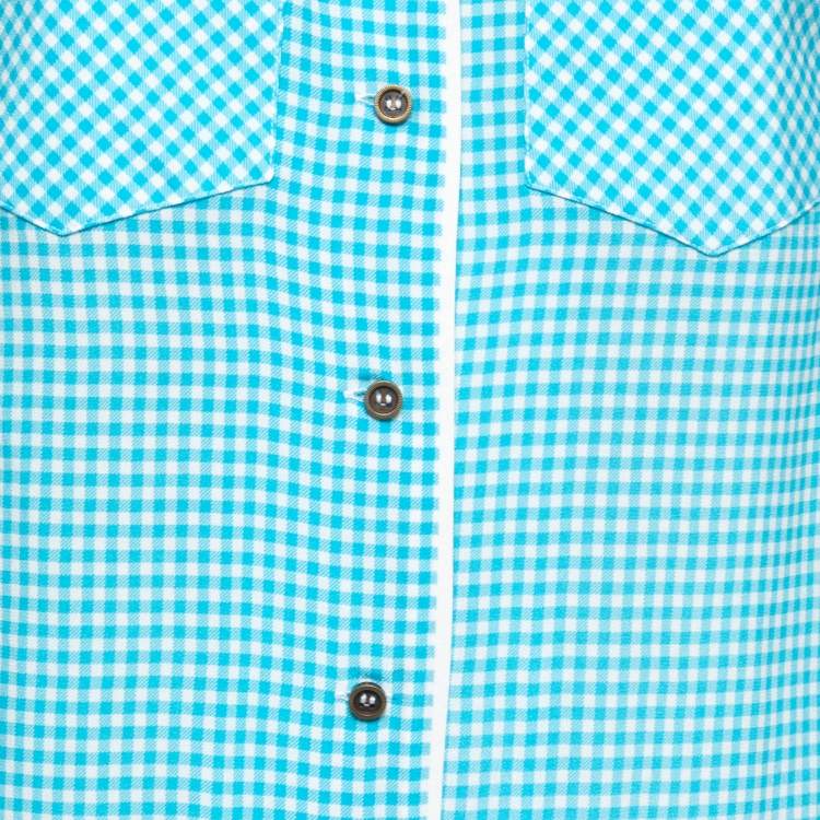 مملوكة مسبقًا Fendi Blue Checked Silk Pocketed Short Sleeve Shirt XS