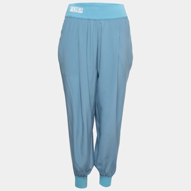 Pre Owned Fendi Blue Crepe Silk Ribbed Detail Trousers S