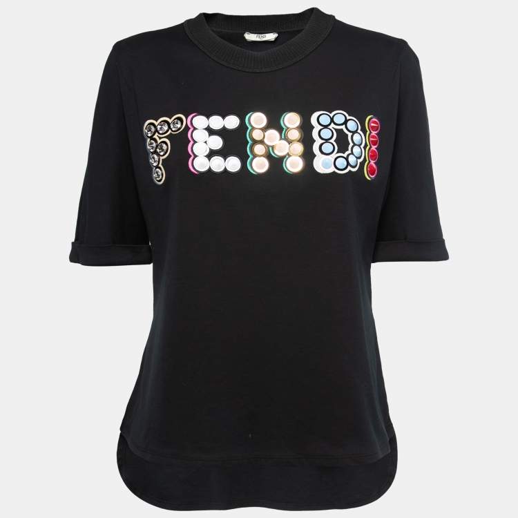 Pre Owned Fendi Black Cotton Logo Embellished Crewneck T-Shirt M