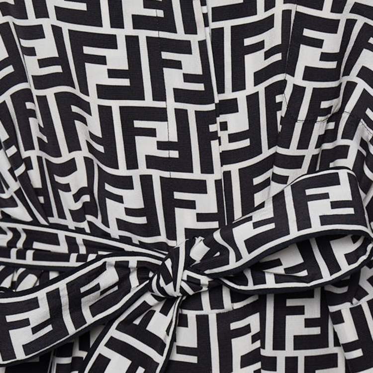 Pre Owned Fendi Monochrome Zucca Monogram Silk Belted Jumpsuit S