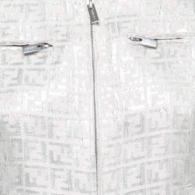 Pre Owned Fendi Vintage Metallic Jacquard Zucca Monogram Zip-Up Jacket S
