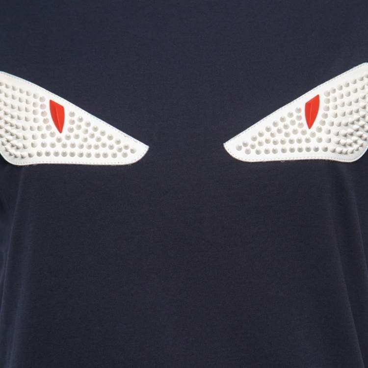 Pre Owned Fendi Navy Blue Monster Eye Embellished Cotton Knit T-Shirt M