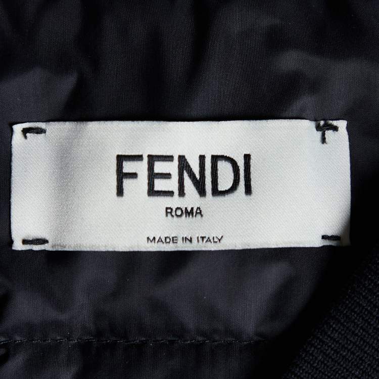 Pre Owned Fendi Karlito Black Logo Applique Detail Quilted Down Bomber Jacket S