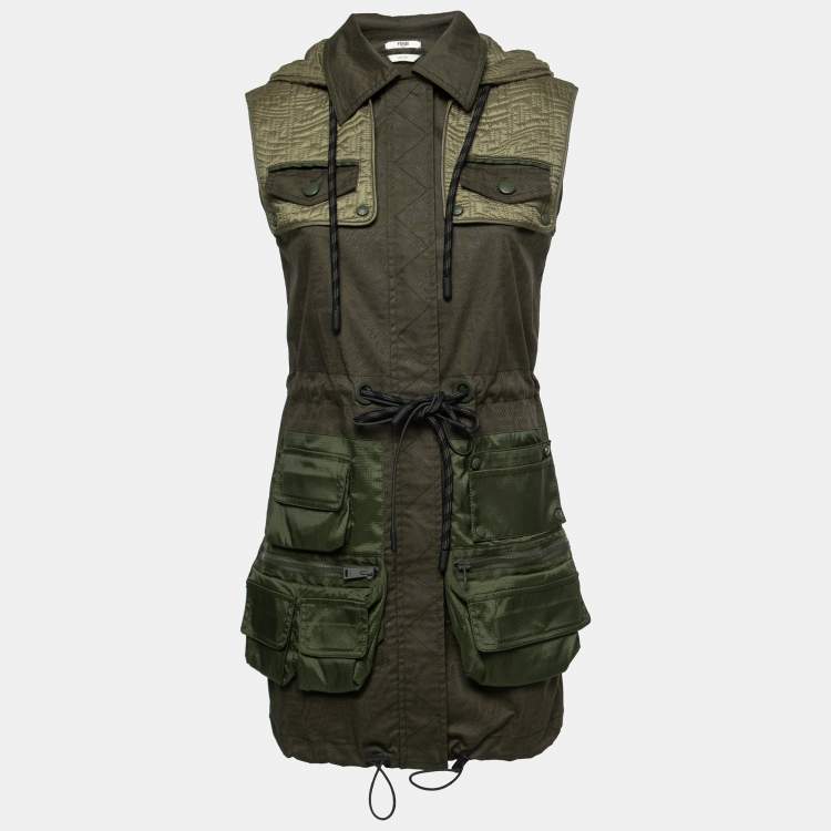 Pre Owned Fendi Green FF Fish Eye Motif Cotton Hooded Dress XS