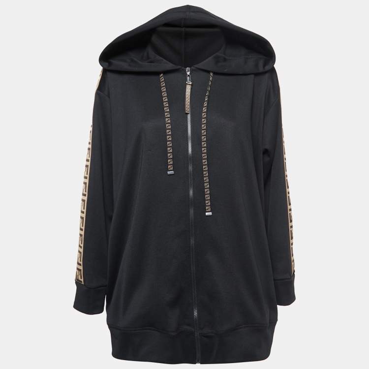 Pre Owned Fendi Black Jersey Logo Tape Detail Zip-Up Hooded Jacket XL