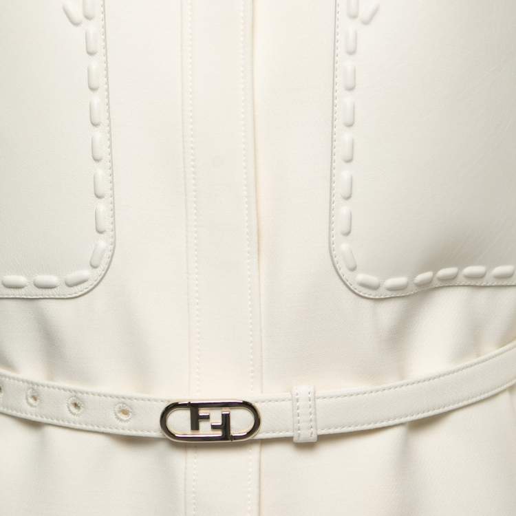 Pre Owned Fendi Cream Wool & Silk Belted Leather Pocket Jacket S