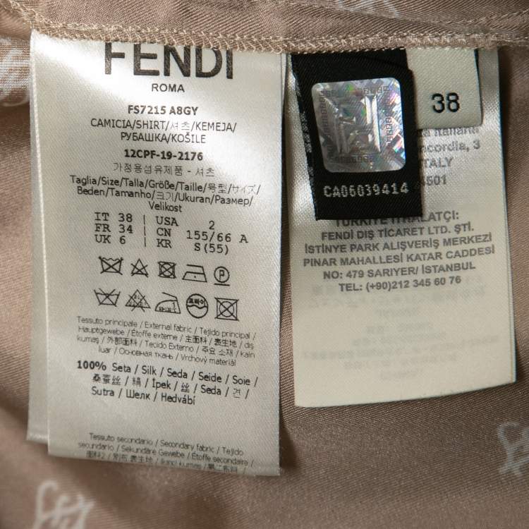 Pre Owned Fendi Beige Calligraphy Print Belted Collar Detail Blouse S