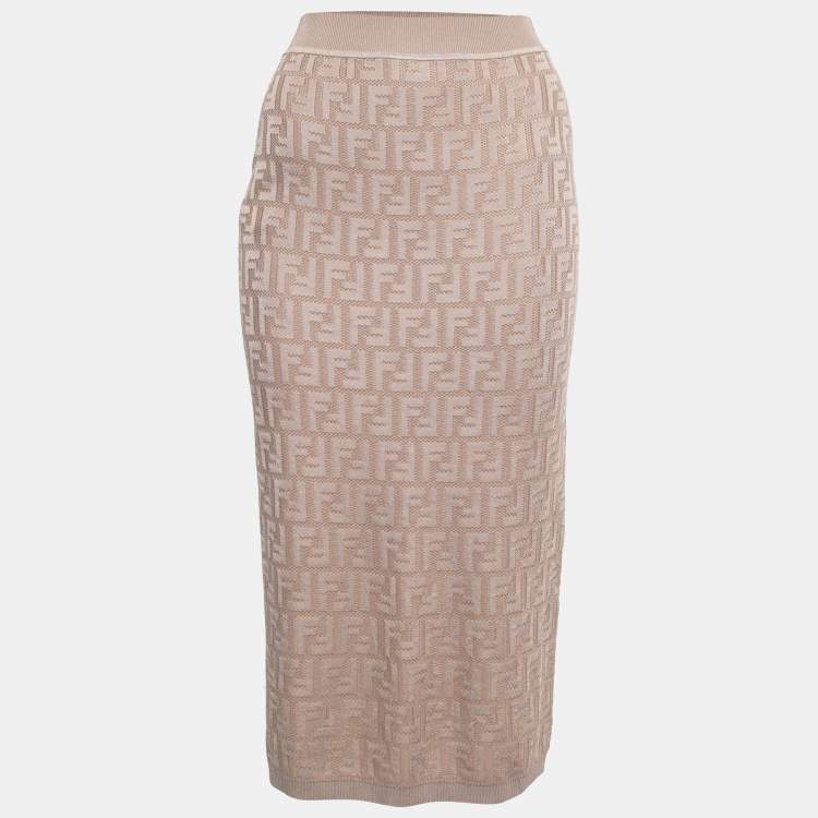 Pre Owned Fendi Blush Pink FF Logo Knit Midi Skirt S