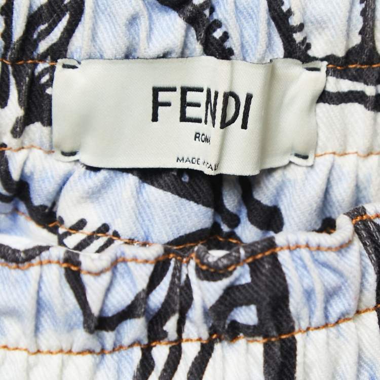 Pre Owned Fendi White Floral Print Denim Elasticised Waist Short S