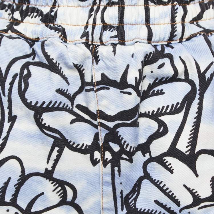 Pre Owned Fendi White Floral Print Denim Elasticised Waist Short S