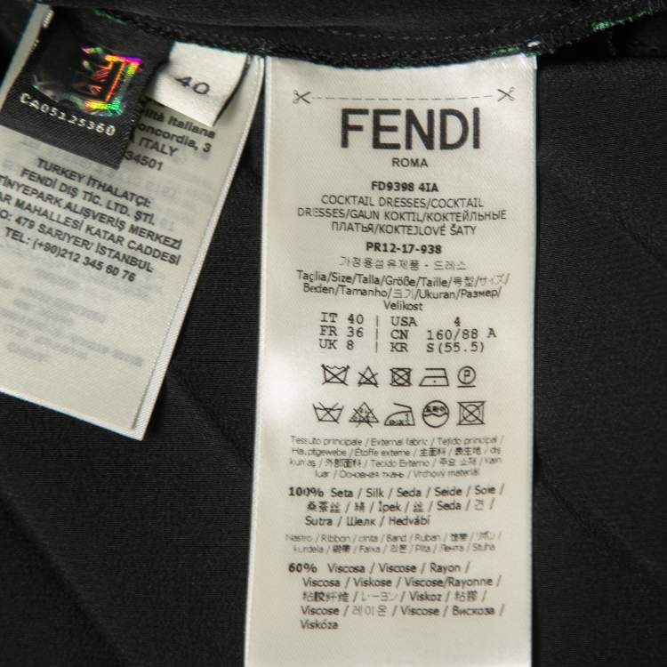 Pre Owned Fendi Green Geometric Patterned Silk Tie Neck Pleated Midi Dress S