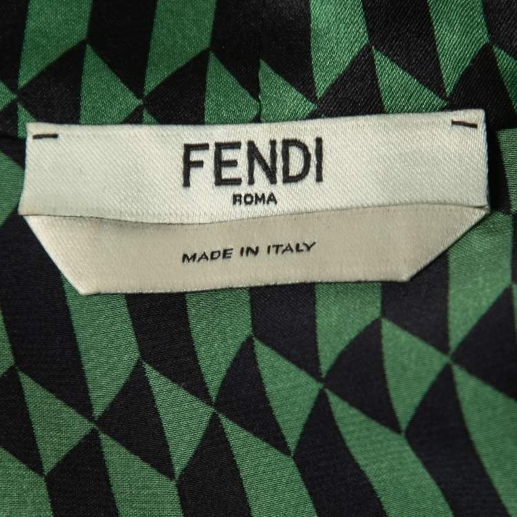 Pre Owned Fendi Green Geometric Patterned Silk Tie Neck Pleated Midi Dress S