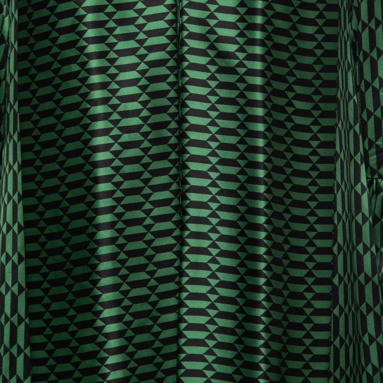 Pre Owned Fendi Green Geometric Patterned Silk Tie Neck Pleated Midi Dress S