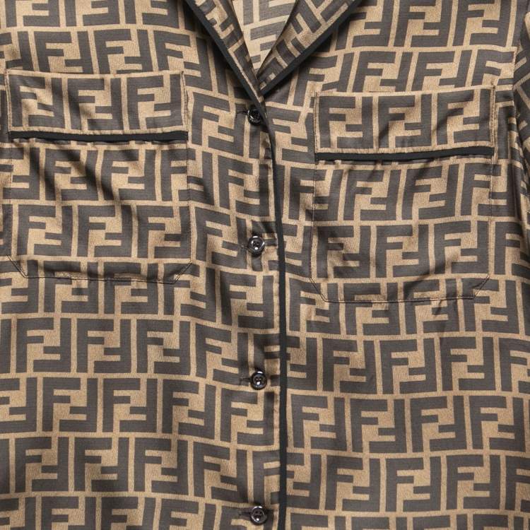 Pre Owned Fendi Brown Zucca Print Silk Pajama Top & Shorts XS