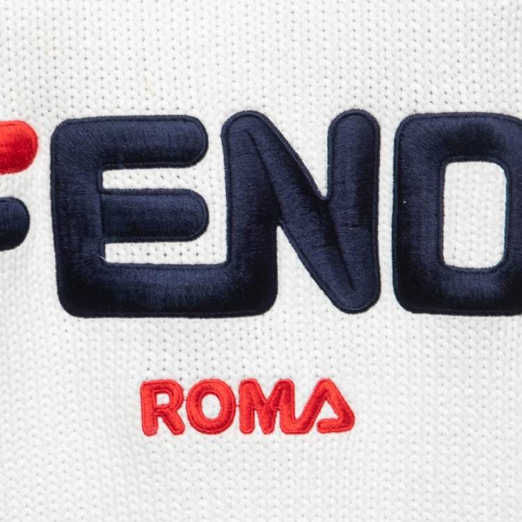 Pre Owned Fendi White Cotton Knit Embroidered Logo Sweater S