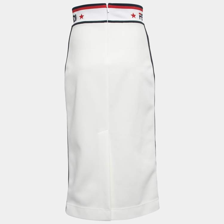 Pre Owned Fendi White Jersey Zucca Motif Stripe Detail Midi Pencil Skirt M