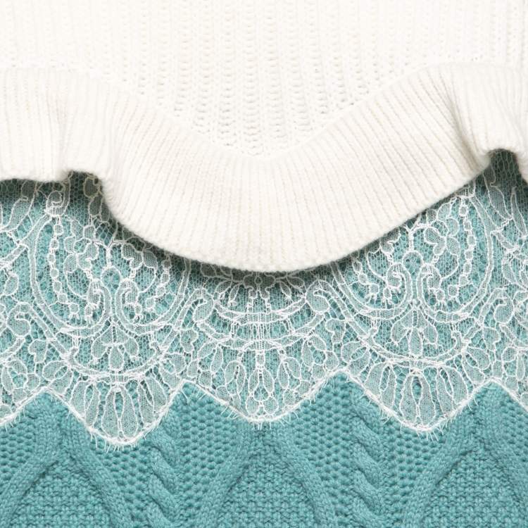 Pre Owned Fendi Green Wool Blend Cable Knit Lace Trim Ruffled Sweater Dress S