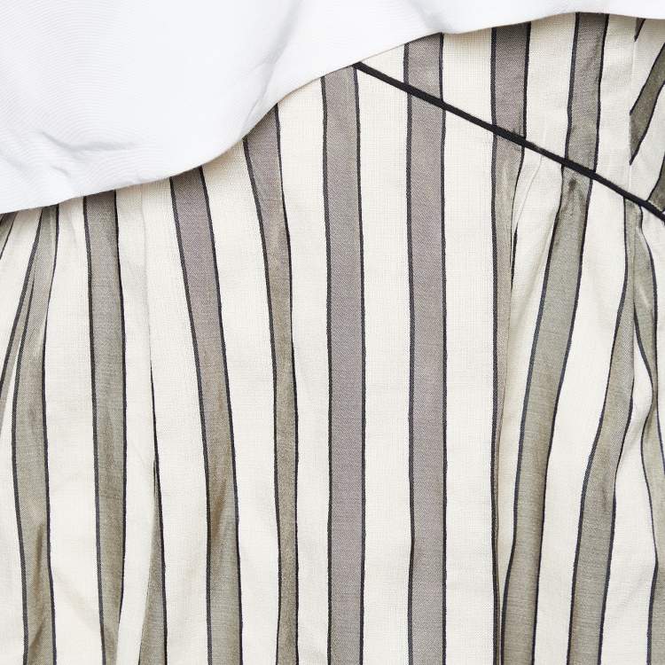 Pre Owned Fendi Cream & Green Striped Cotton Silk Overlay Detail Mini Dress S