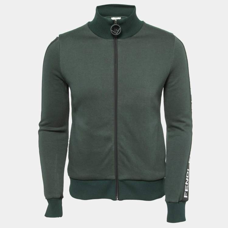 Pre Owned Fendi  Dark Green Cotton Knit Logo Band Detail Zip-Up Jacket M