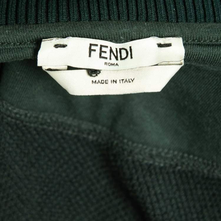 Pre Owned Fendi  Dark Green Cotton Knit Logo Band Detail Zip-Up Jacket M