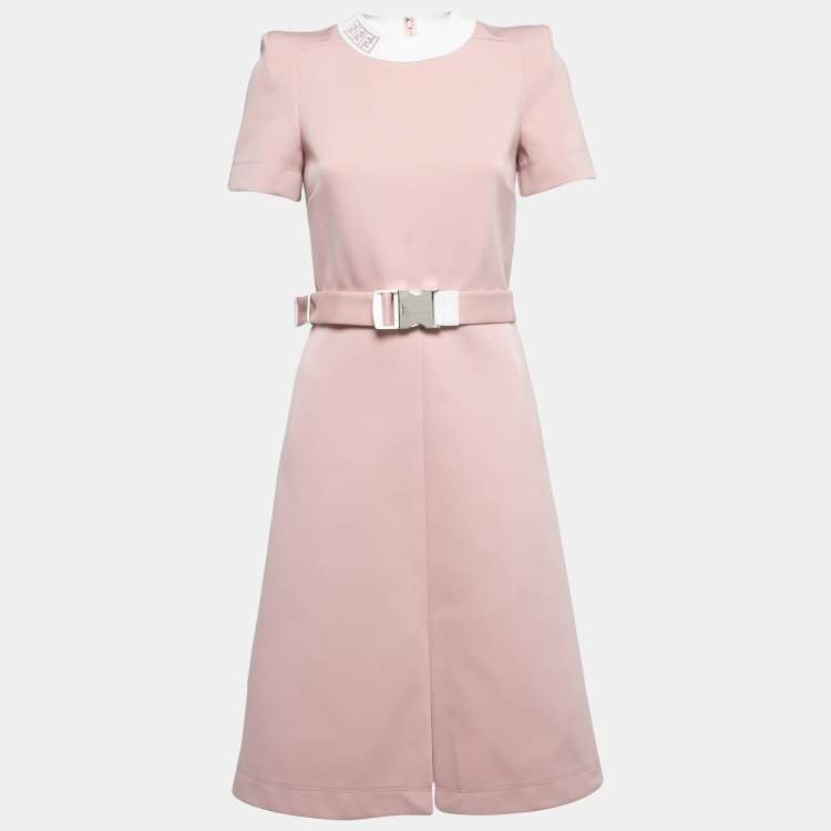 Pre Owned Fendi Dusty Pink Knit Logo Trimmed Belted Shift Midi Dress S