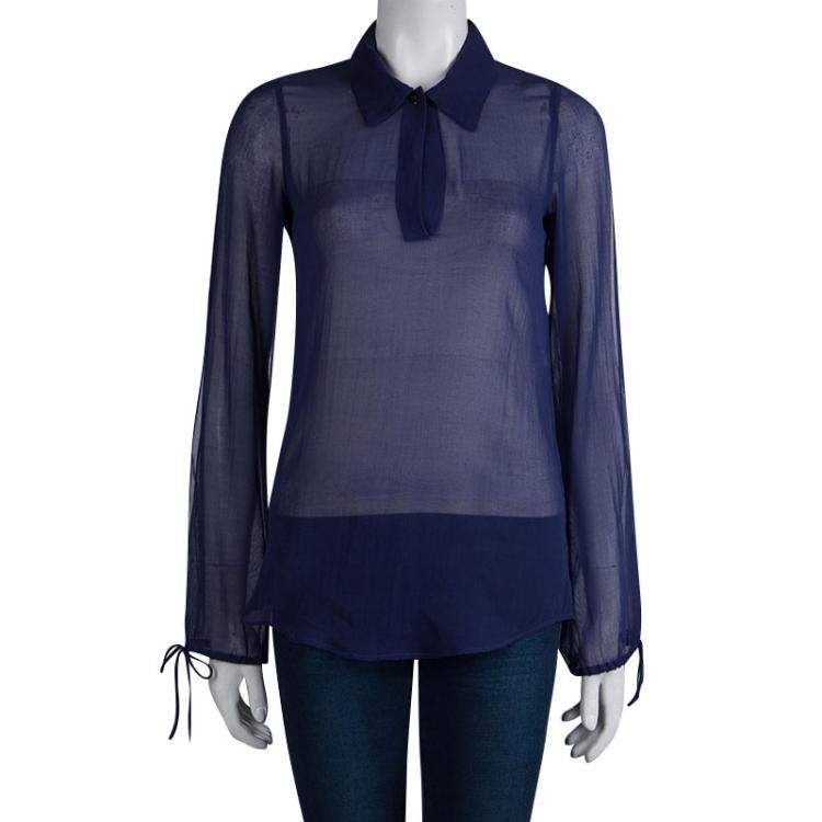 Pre Owned Fendi Indigo Cotton Draw String Long Sleeve Top M