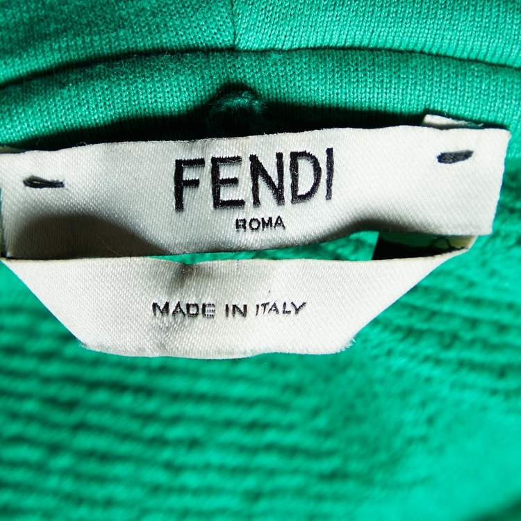 Pre Owned Fendi Green Logo Embellished Cotton Knit Asymmetric hem Hooded Sweatshirt S