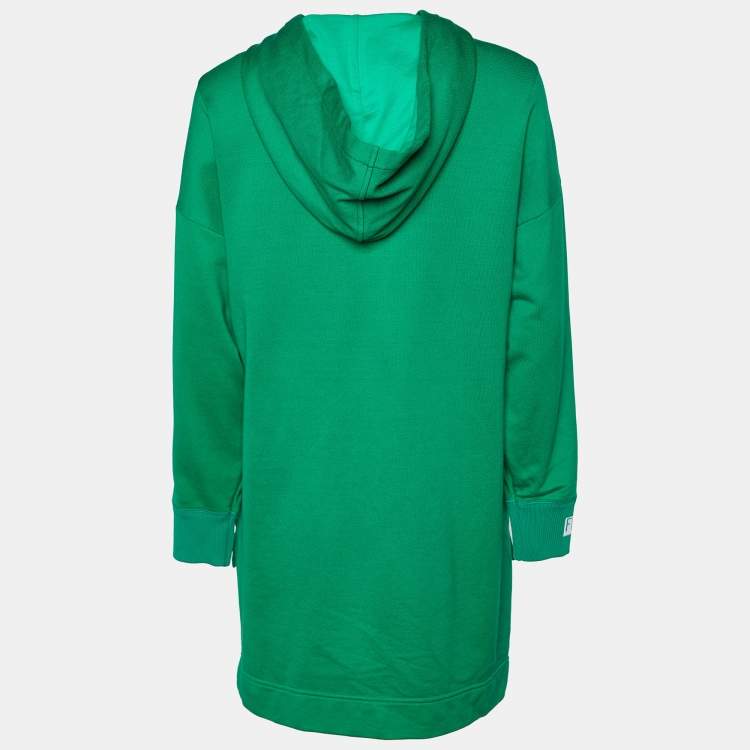 Pre Owned Fendi Green Logo Embellished Cotton Knit Asymmetric hem Hooded Sweatshirt S