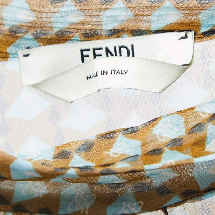 Pre Owned Fendi Olive Green Printed Pleated Silk Belted Maxi Dress M