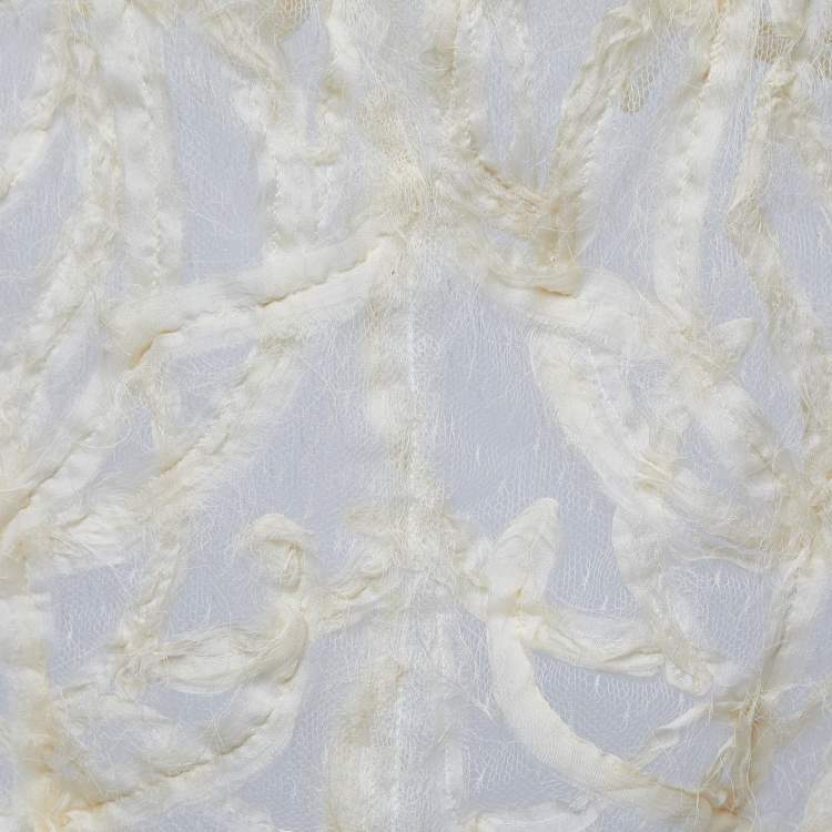 Pre Owned Fendi Cream Patterned Tulle Cape Sleeve Top M
