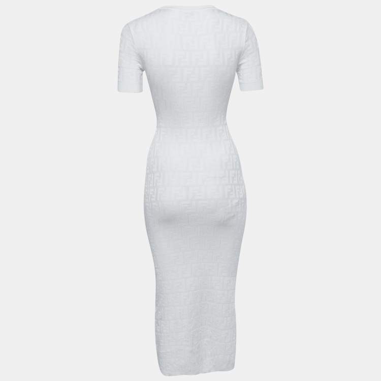 Pre Owned Fendi White FF Monogram Knit Midi Sheath Dress XS