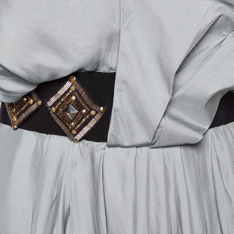 Pre Owned Fendi Grey Silk Embellished Waist Detail Draped Kimono Sleeve Dress S